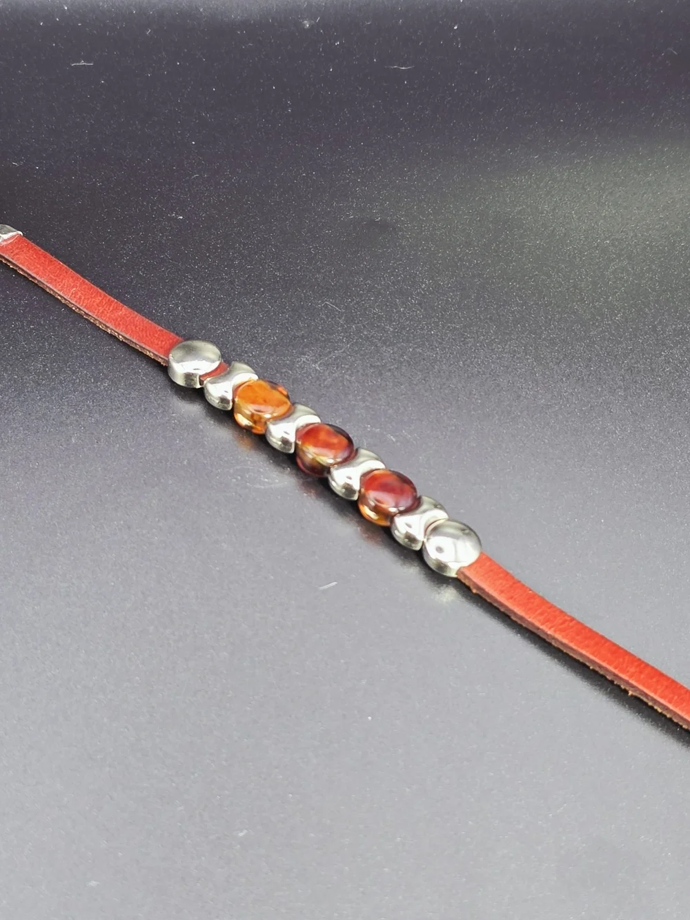 Italian Artisan Leather Bracelet with Amber Glass Cabochons